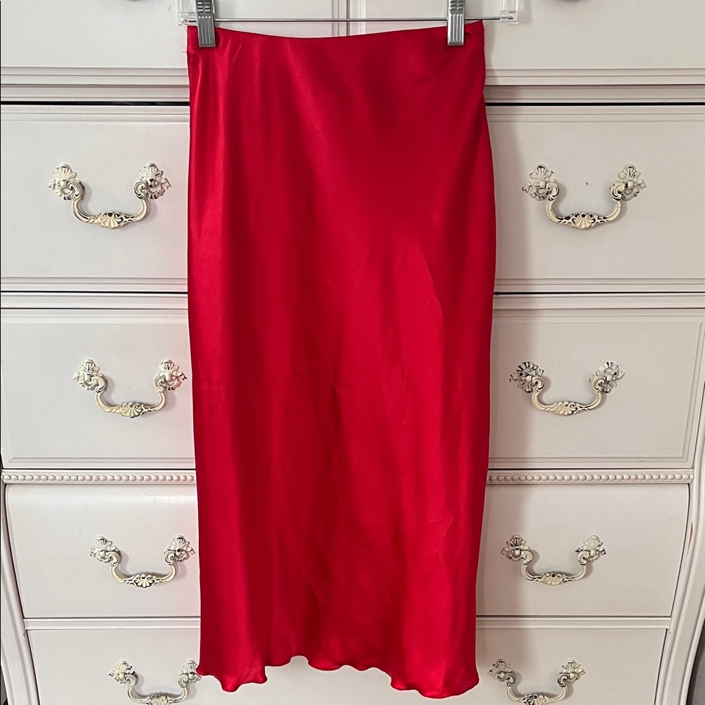Nicole Miller Red Silk Midi Skirt